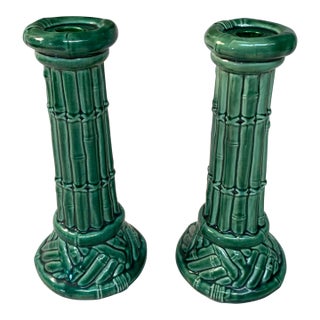 Majolica Ceramic Split Reed Faux Bamboo Candlesticks Pair For Sale