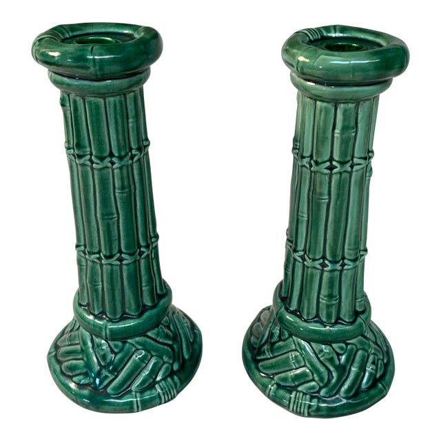 Majolica Ceramic Split Reed Faux Bamboo Candlesticks Pair For Sale