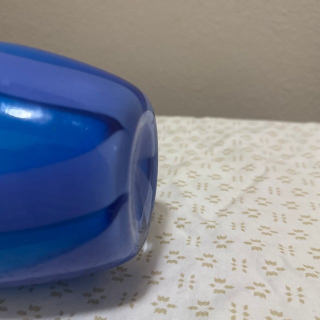 1980s Glass Vase Blue Cylinder Vertical Striped For Sale - Image 4 of 6