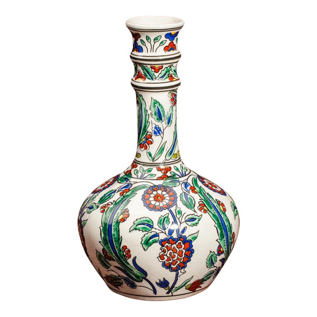 Vintage Mediterranean Hand Painted Colorful Rhodish Floral Pattern Ceramic Vase For Sale