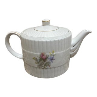 1960s Ellgreave Wood & Sons England Genuine Ironstone Teapot Gold Trim Pink Floral For Sale