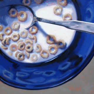 Where in the Bowl Are You? by Tracy Wall | Oil Painting of a blue bowl with cereal and milk For Sale