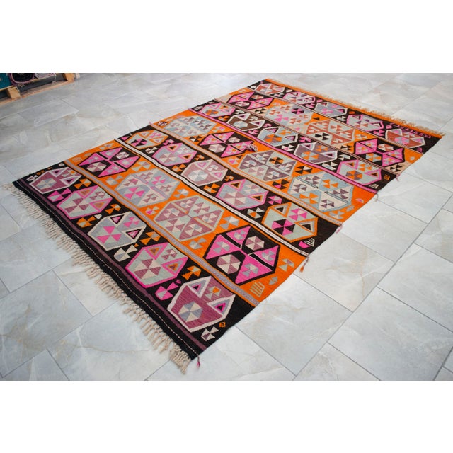 Vibrant Turkish Kilim Rug, 1966 Dated Vintage Tribal Rug, Pink and Orange Geometric Flatweave 6x8 Ft Approx For Sale - Image 18 of 18