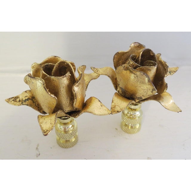 Mid-Century Modern Vintage Mid Century Modern Italian Tole Rose Lamp Finials Brilliant Gold Leaf Restored. Luxury - a Pair For Sale - Image 3 of 5