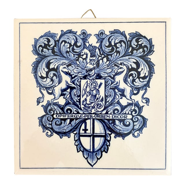 Dutch Delft Blue and White Porcelain Tile With Heraldic Coat of Arms For Sale
