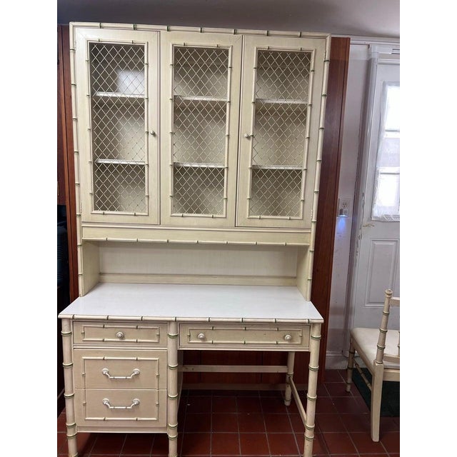 Chinoiserie Thomasville Allegro Faux Bamboo Desk With Bookcase Hutch Top and Chair For Sale - Image 3 of 18