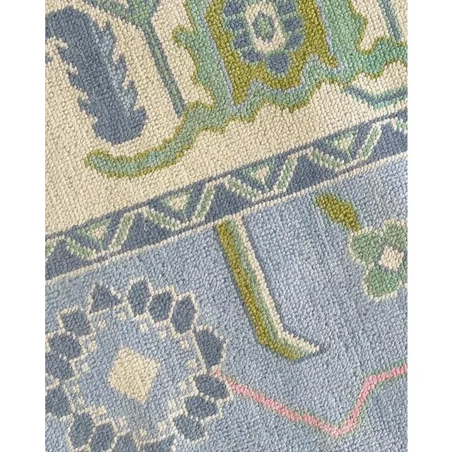 Modern Handknotted Oushak Rug in Shades of Blue & Green with Pops of Pink, 10' x 14' For Sale - Image 4 of 7