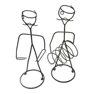 Pair of Mid Century Metal Wire Stick Figure Wine Bottle and Goblet Holders For Sale