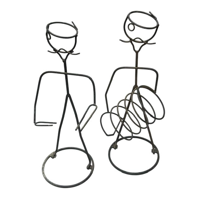 Pair of Mid Century Metal Wire Stick Figure Wine Bottle and Goblet Holders For Sale
