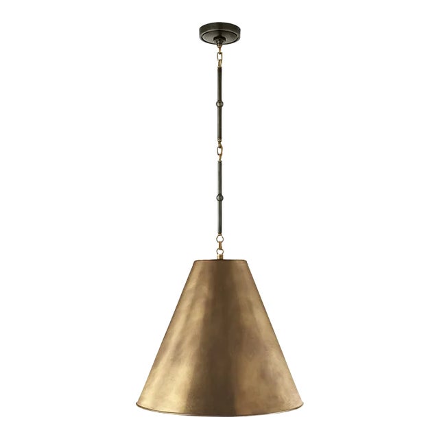 Thomas O'Brien for Visual Comfort Signature Goodman Medium Hanging Light in Bronze & Hand-Rubbed Antique Brass with Hand-Rubbed Antique Brass Shade For Sale