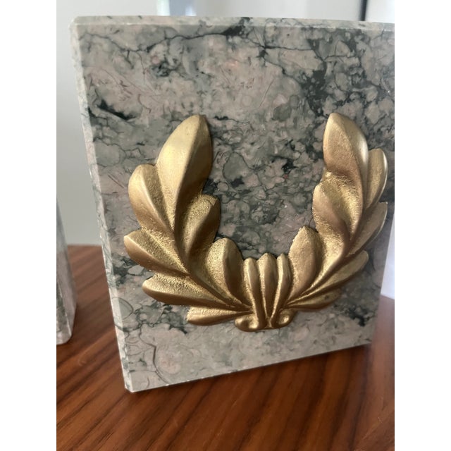 Mid 20th Century Mid 20th Century Marble Bookends With Gilt Bronze Laurel Wreath Accents-Set of 2 For Sale - Image 5 of 8