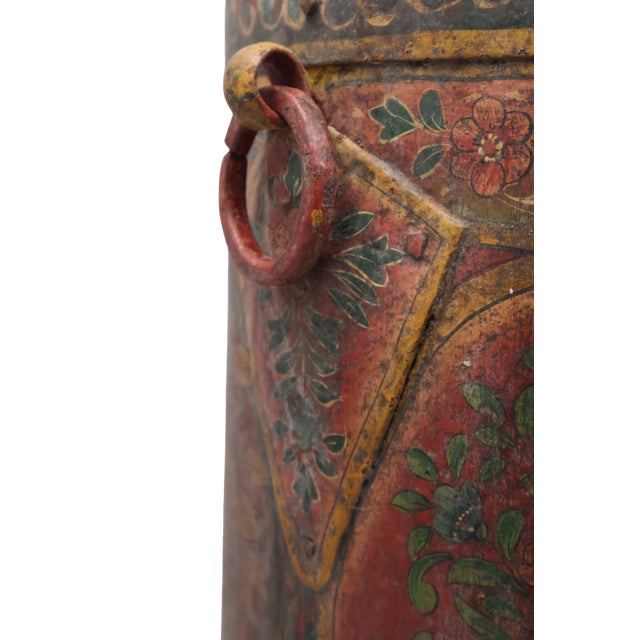 Late 19th Century Antique Indonesian Handcrafted Metal Storage Vessel With Hand-Painted Floral Cartouches & Ornamental Hardware For Sale - Image 5 of 18