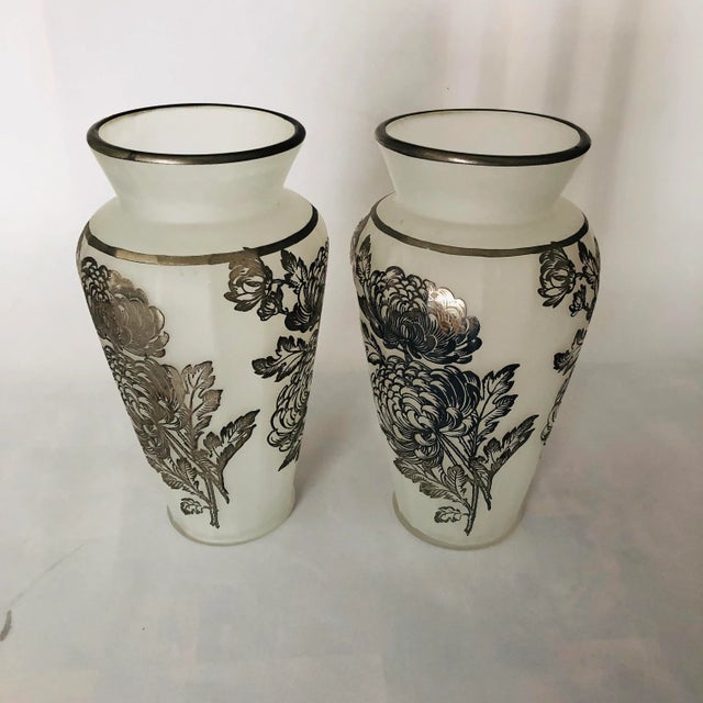 Vintage Frosted Glass Silver Overlay Floral Design Vases S/2 For Sale - Image 4 of 6