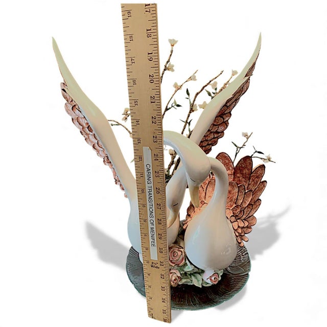 1980s Large Hand Painted Loving Swans Ceramic Statue Vase For Sale - Image 11 of 14