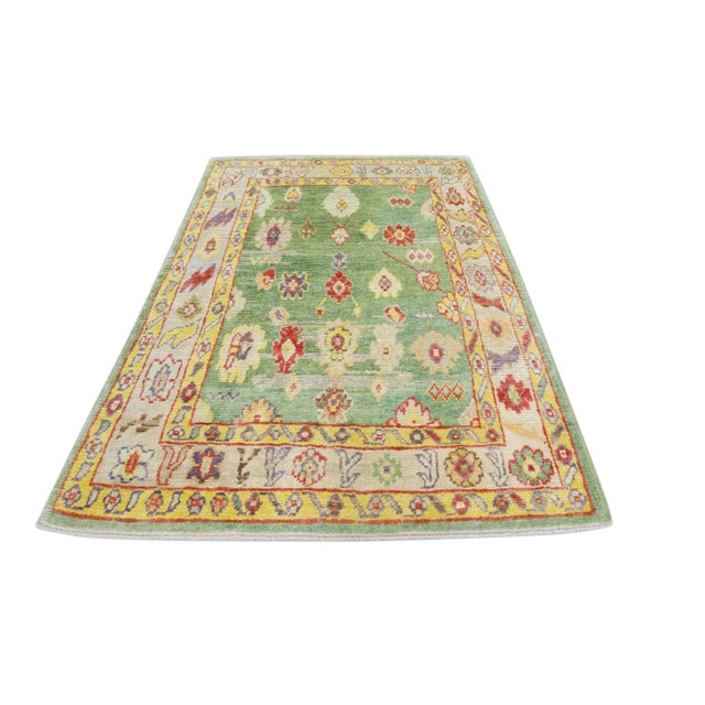 Early 21st Century Green Handwoven Wool Turkish Oushak Rug 5'4" X 7'11" For Sale - Image 9 of 9