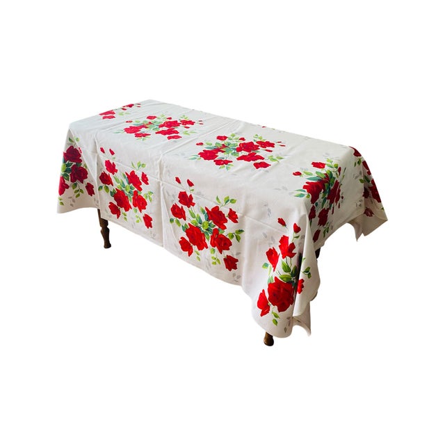 Vintage 1950s/60s Wilendur Red Royal Rose Rectangular Tablecloth, 52" X 68" For Sale - Image 9 of 11