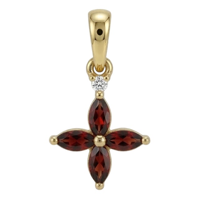 Dainty Garnet Cross Pendant | Garnet Flower Necklace | Vintage Style Gemstone Pendant For Sale