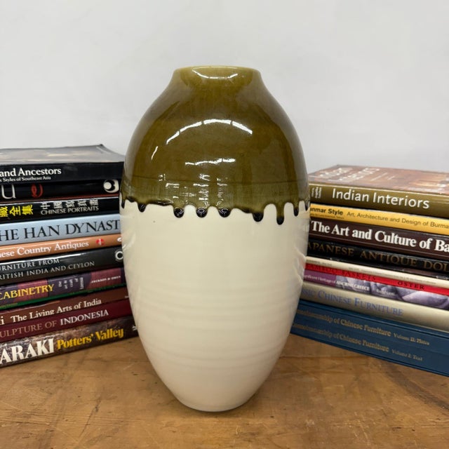 Late 20th Century Olive Green & Black Drip Ceramic Vase with Cream White Body For Sale - Image 5 of 8
