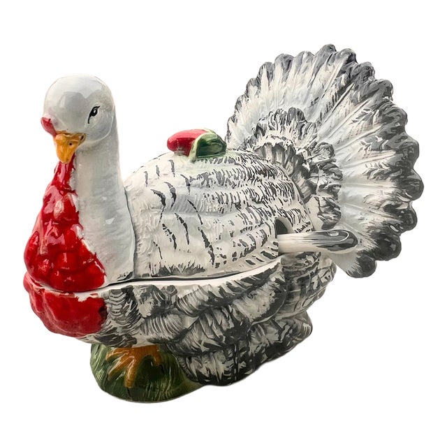 Mid Century Vintage Italian Majolica Turkey Tureen Bowl With Ladle Thanksgiving For Sale