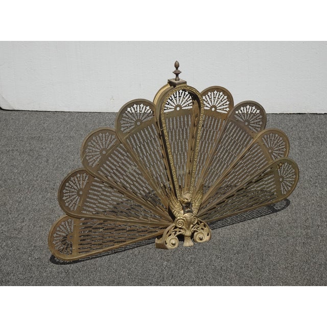 Vintage French Country Brass Peacock Folding Fan Fireplace Screen