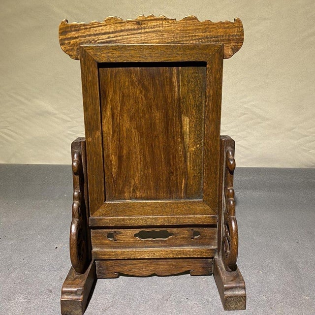 Brown 1990s Wood Carved Table Screen / Scholar's Stand With Pavilion Landscape Motif For Sale - Image 8 of 10