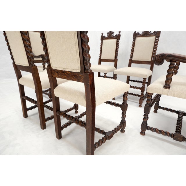 6 Fine Carved Oak Lion Heads Twisted Legs New Upholstery Jacobean Dining Chairs For Sale - Image 10 of 14