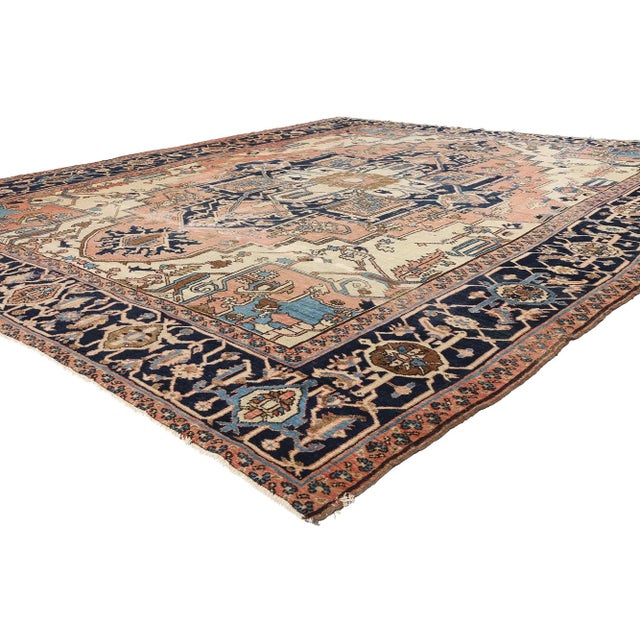 78902 Late 19th Century Distressed Antique Persian Serapi Rug, 11'04 x 13'05. Immerse yourself in the timeless elegance of...