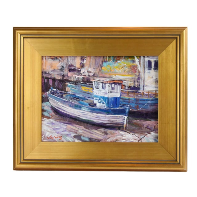 1990s Impressionist Fishing Boats Docked at Nantucket Harbor Painting W/ Antiqued Gold Frame For Sale - Image 5 of 8
