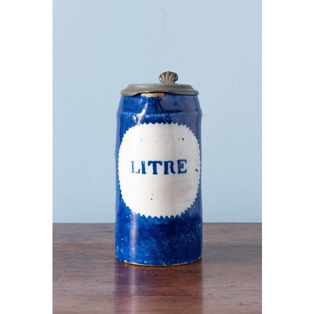 Spongeware Blue Pewter-Mounted Beer Stein from Brussels Faience, 1800s For Sale - Image 3 of 10