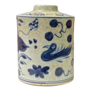 Chinese Distressed Beige Tan Porcelain Blue Birds Graphic Vase