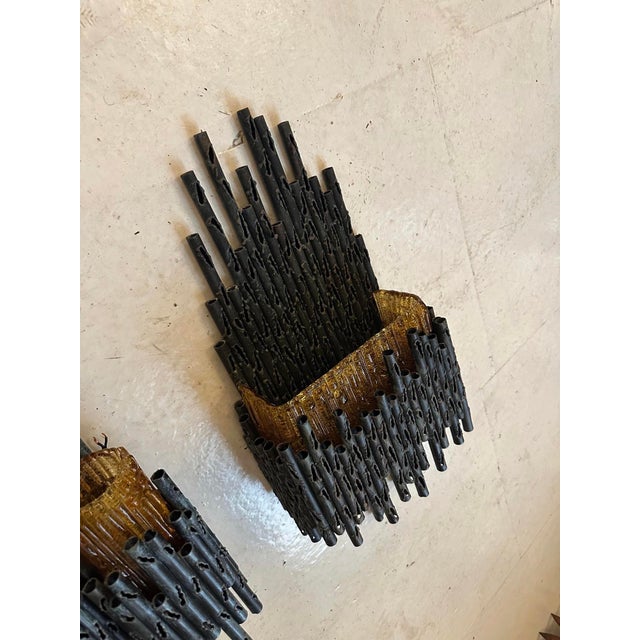 Modern Brutalist Torched Steel and Amber Glass Sconces by Marcello Fantoni, Italy, 1970s, Set of 3 For Sale - Image 3 of 10