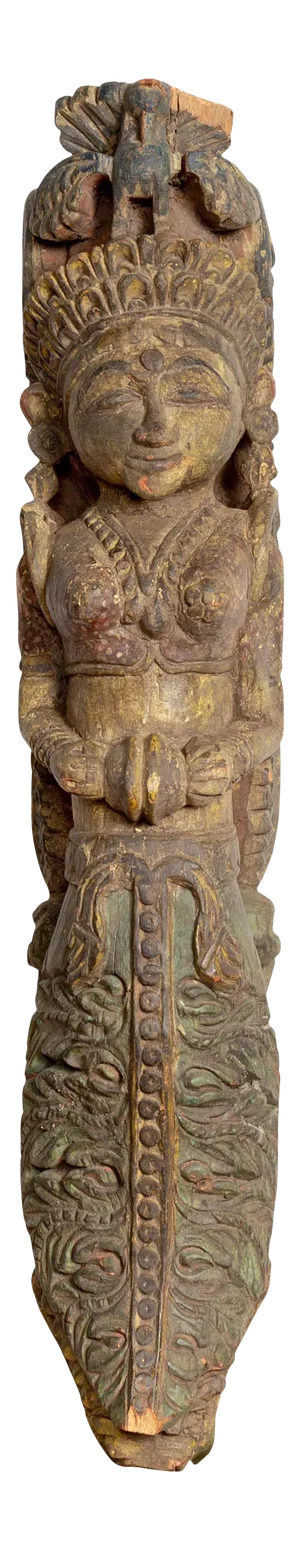 Indian Antique Polychrome Hand Carved Statue Depicting a Celestial Musician