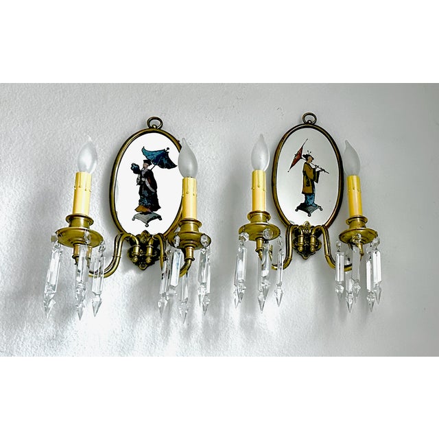 Chinoiserie Pair Chinoiserie Eglomise Mirrored Sconces - E F Caldwell For Sale - Image 3 of 16