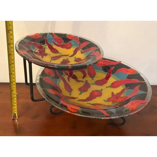 Peggy Karr Two-Tier Fused Glass Serving Bowl Set With Metal Stand – Chili Pepper Art Glass Serveware For Sale - Image 10 of 10