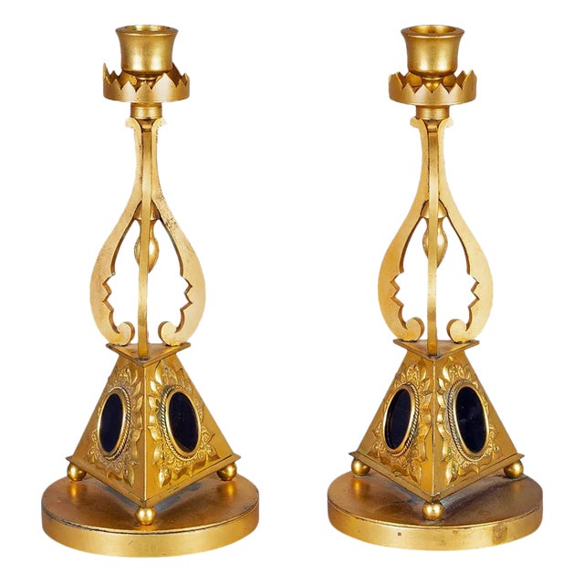 Antique English Gilded Bronze Candlesticks - a Pair For Sale