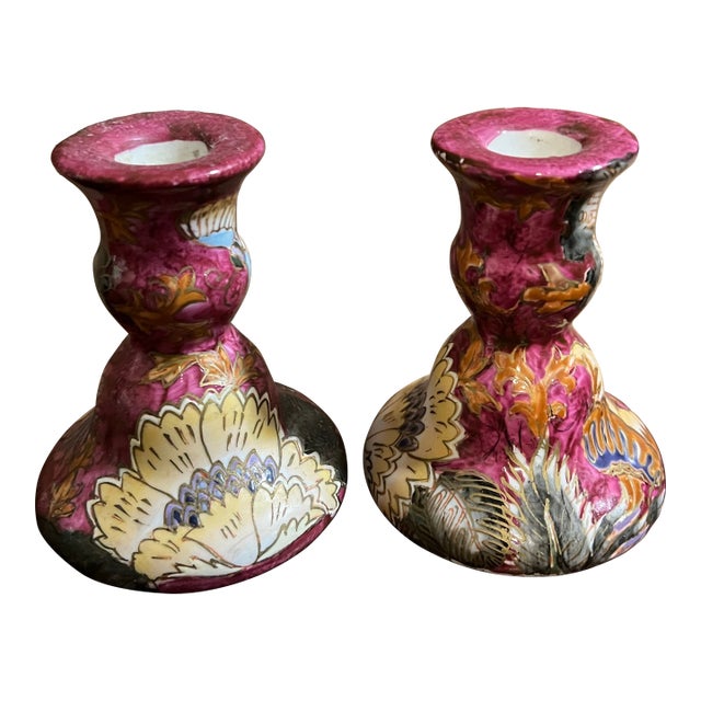 Pair of Dark Pink Floral Ceramic Candlestick Holders For Sale