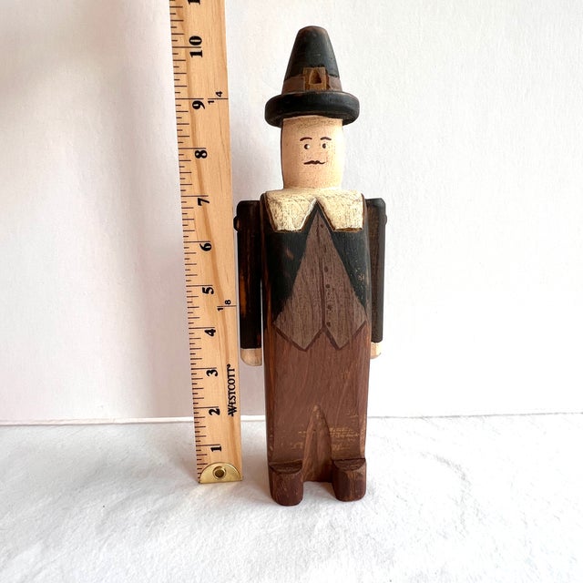 Wolf Creek Folk Art Signed Pilgrim Man Karen Rankin 1989 Wood Carved Painted Figurine For Sale - Image 10 of 13