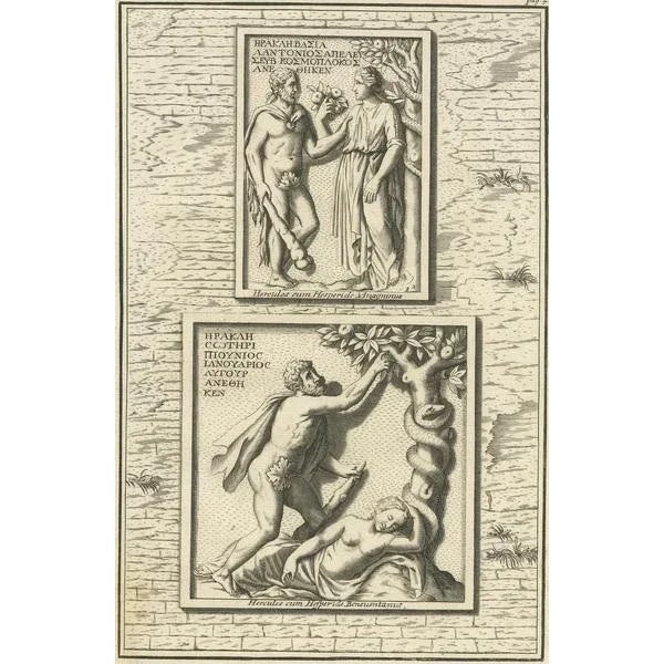 Antique print titled 'Hercules cum Hesperide Beneuentanus'. Engraving with two scenes of Hercules in the Garden of...