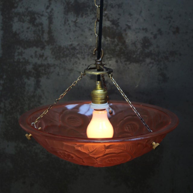 1920s Art Nouveau French Brass and Pink Pressed Glass Pendant Light, 1920s For Sale - Image 5 of 8