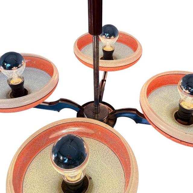 Art Deco Frosted Glass, Bakelite and Chromed Metal 4-Light Chandelier, Former Czechoslovakia, 1930s For Sale - Image 10 of 11
