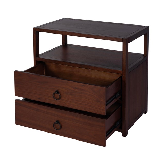 2020s Lark 28 in. W Rectangular Wood 2 Drawer Wide Nightstand with Open Shelf, Walnut For Sale - Image 5 of 11