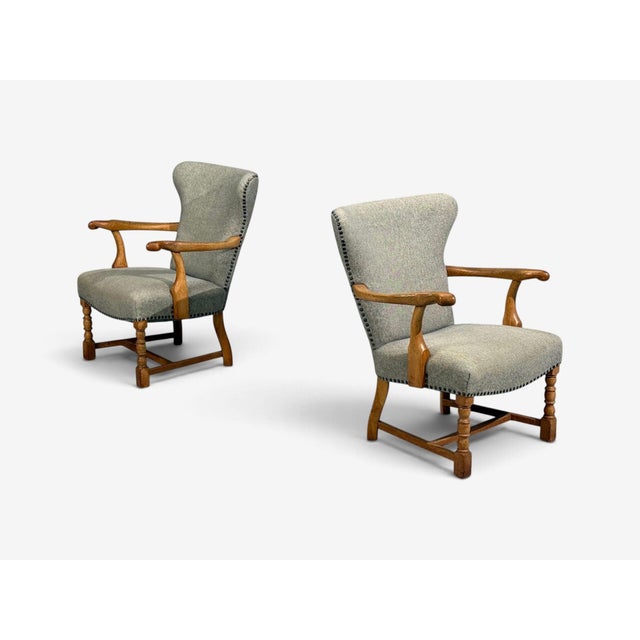 Mid-Century Modern Danish Cabinetmaker, Armchairs, Oak, Gray Wool, Denmark, 1950s For Sale - Image 3 of 12