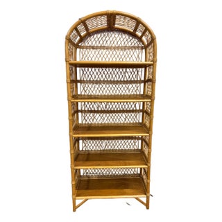 Vintage Arched Rattan Etagere Bookshelf Bookcase For Sale