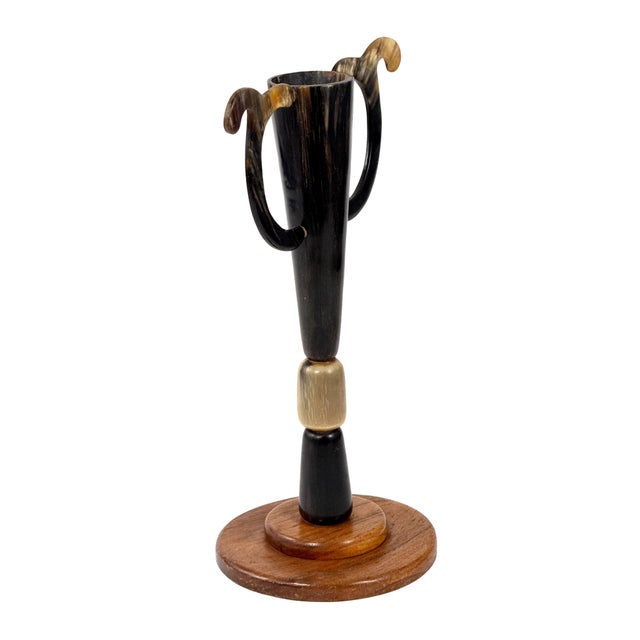 Antique 1900s handmade folk art trophy cup constructed from polished natural cattle horn and mounted on a turned solid...