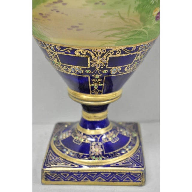 Blue Antique Nippon Hand Painted Cobalt Blue Porcelain Twin Handle Bolted Urn Vase For Sale - Image 8 of 18