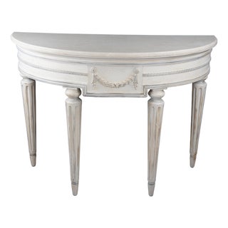 1990s Henredon Louis XVI Neoclassical Travertine Demilune Side Entry Table For Sale