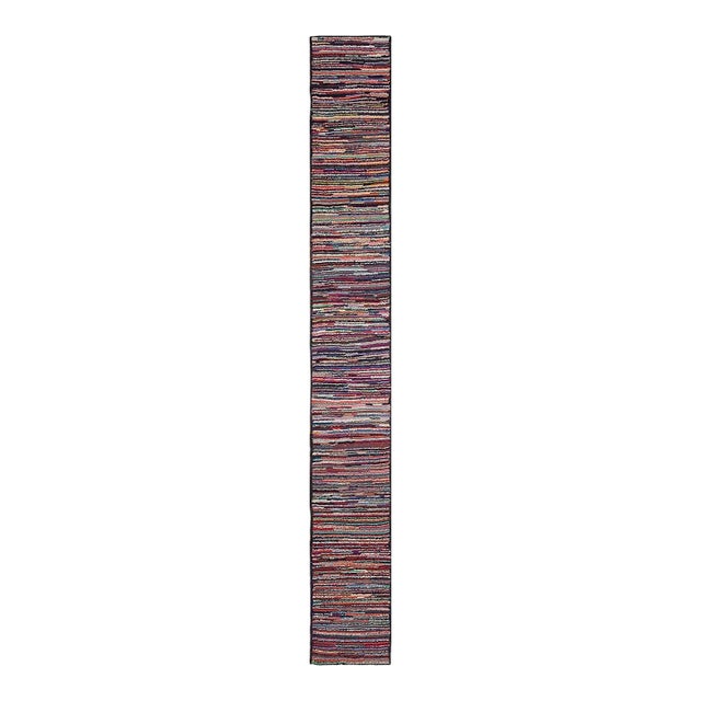 1930s Multicolor Abstract Stripe Antique American Hooked Rug 1'8" X 12'6" Handknotted Wool Carpet For Sale
