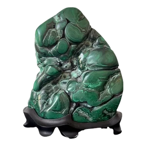 Early 20th Century Malachite Rock on Display Stand Chinese Scholar Stone