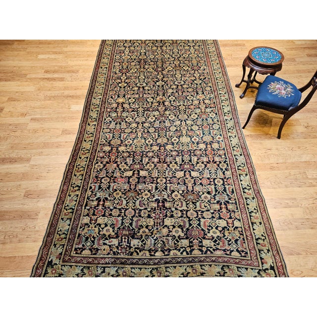 Antique Karabagh Gallery Rug, Hand-Knotted Wool, Allover Geometric Pattern, Navy & Tan, 7' X 14' For Sale - Image 4 of 17