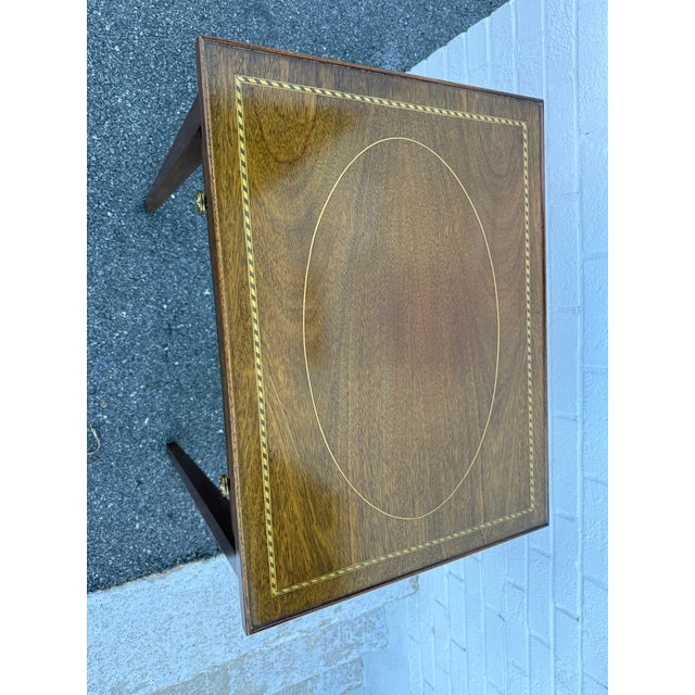 English Vintage Pair of Federal Style Inlaid Mahogany Single Drawer Side Tables For Sale - Image 3 of 10